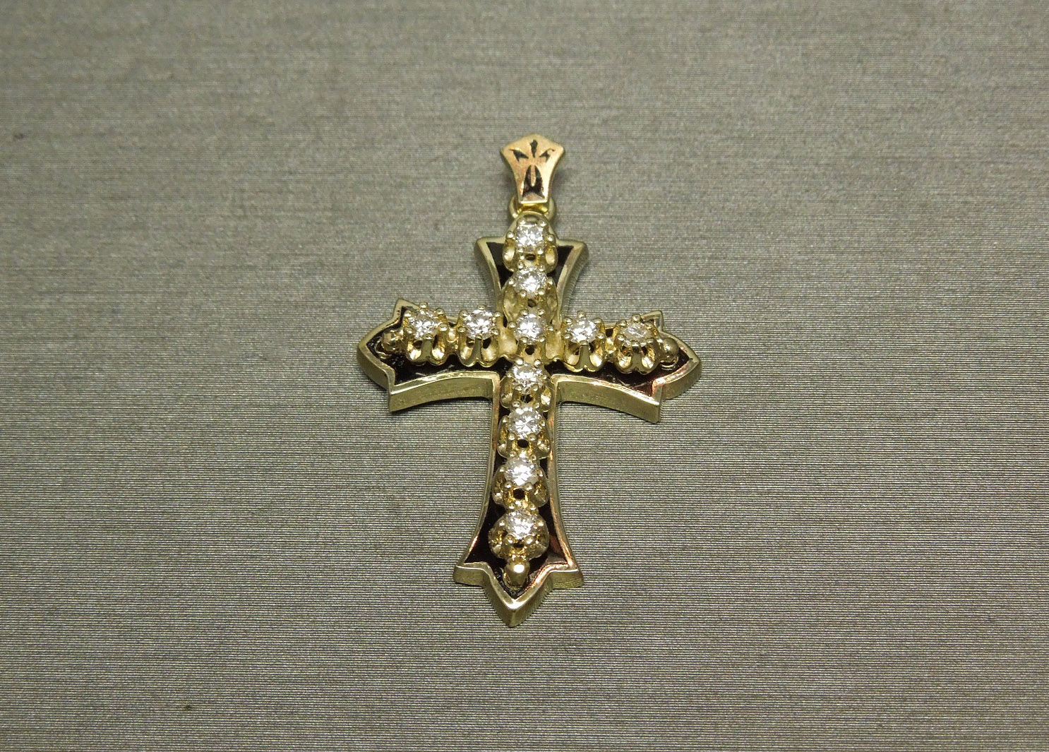Victorian Motif Diamond Black Enamel Gold Cross Pendant C1960